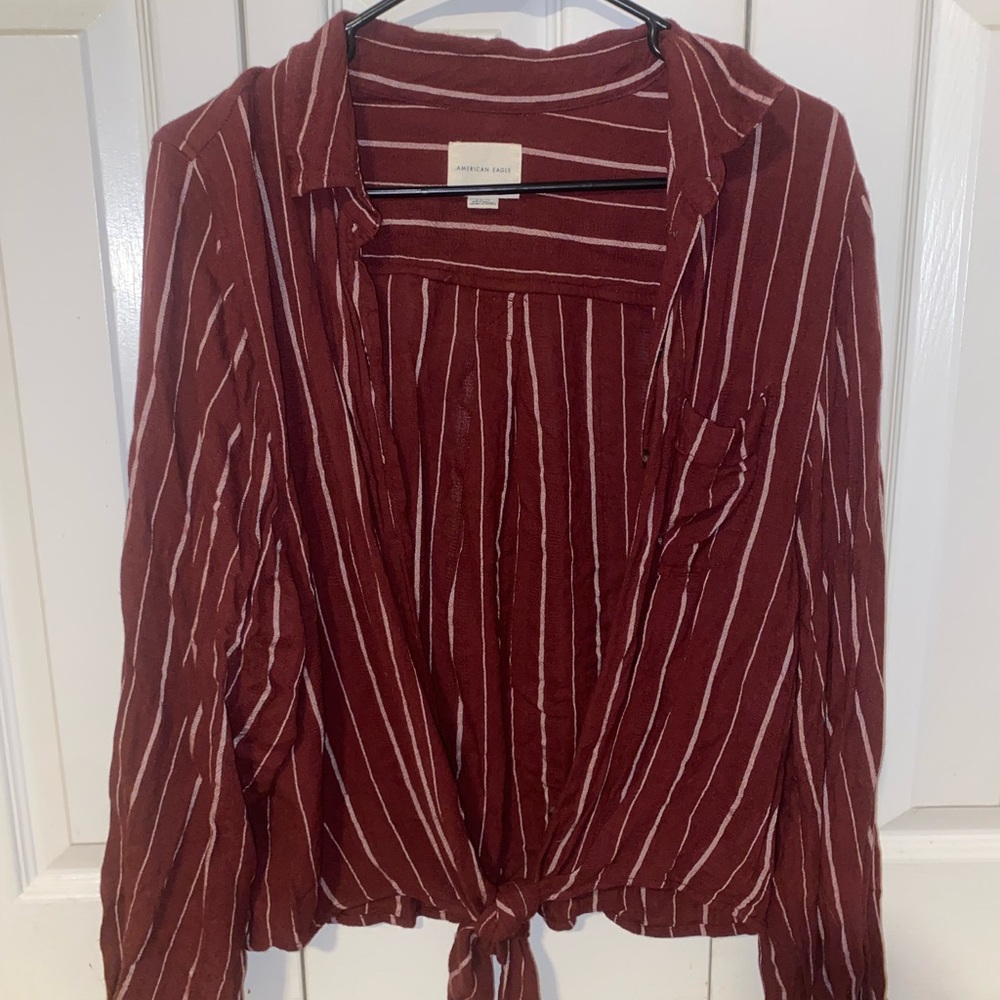 American Eagle Red Striped Button Down - image 3
